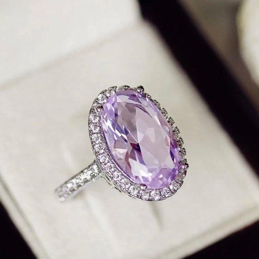 🌸925 Silver Plated Shining 4 Claws Oval Shaped CZ Ring, MARR9375